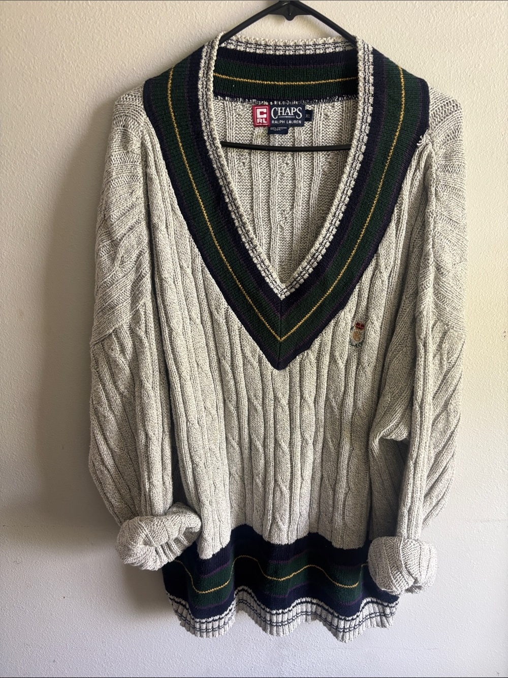 Vintage Chaps Cream Cable V-Neck Sweater with Navy and Green Trim